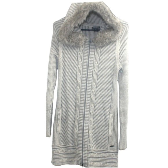 Eddie Bauer Sweaters - Eddie Bauer Cable Knit Knee-Length Grey Sweater with Faux Fur Hood Size S